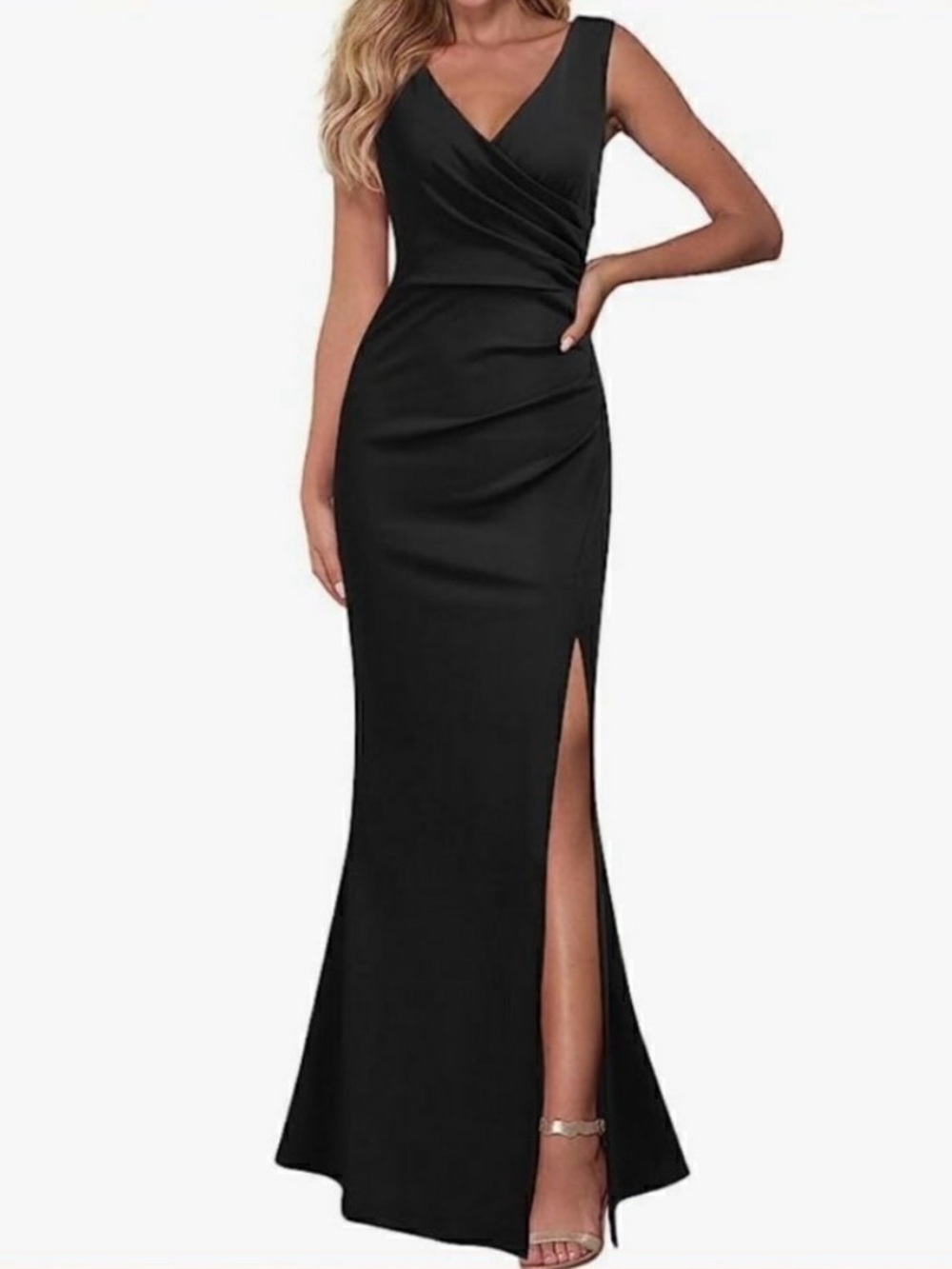 Woosea Sleeveless Black V-Neck Formal Gown with High Side Slit